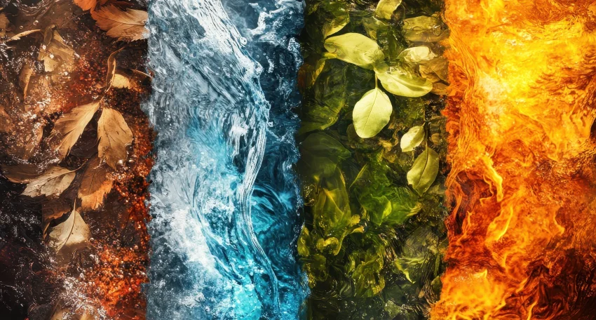 Imagem dos quatro elementos naturais, terra, água, ar e fogo, simbolizando equilíbrio, transformação interior e autoconhecimento.