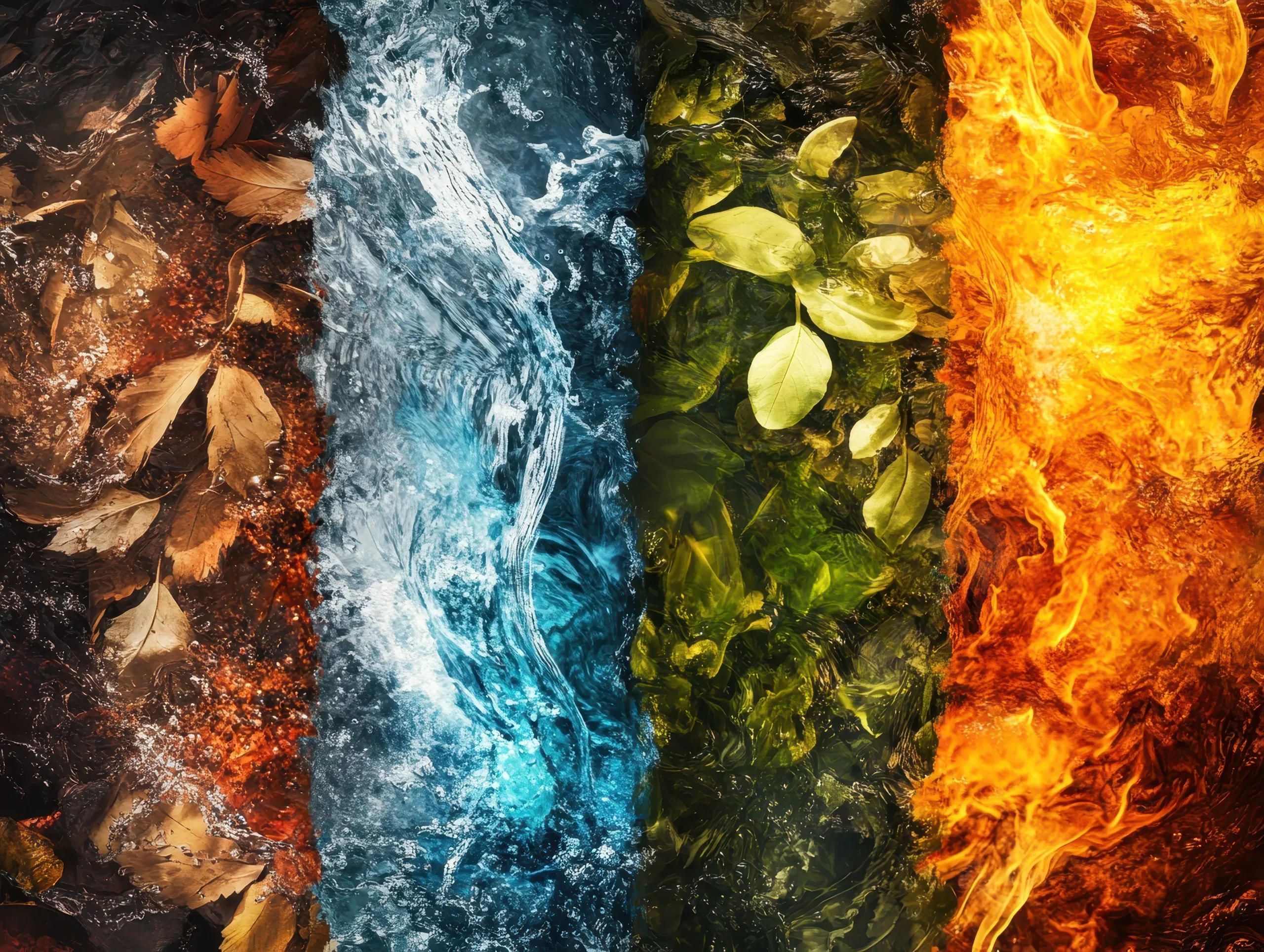 Imagem dos quatro elementos naturais, terra, água, ar e fogo, simbolizando equilíbrio, transformação interior e autoconhecimento.